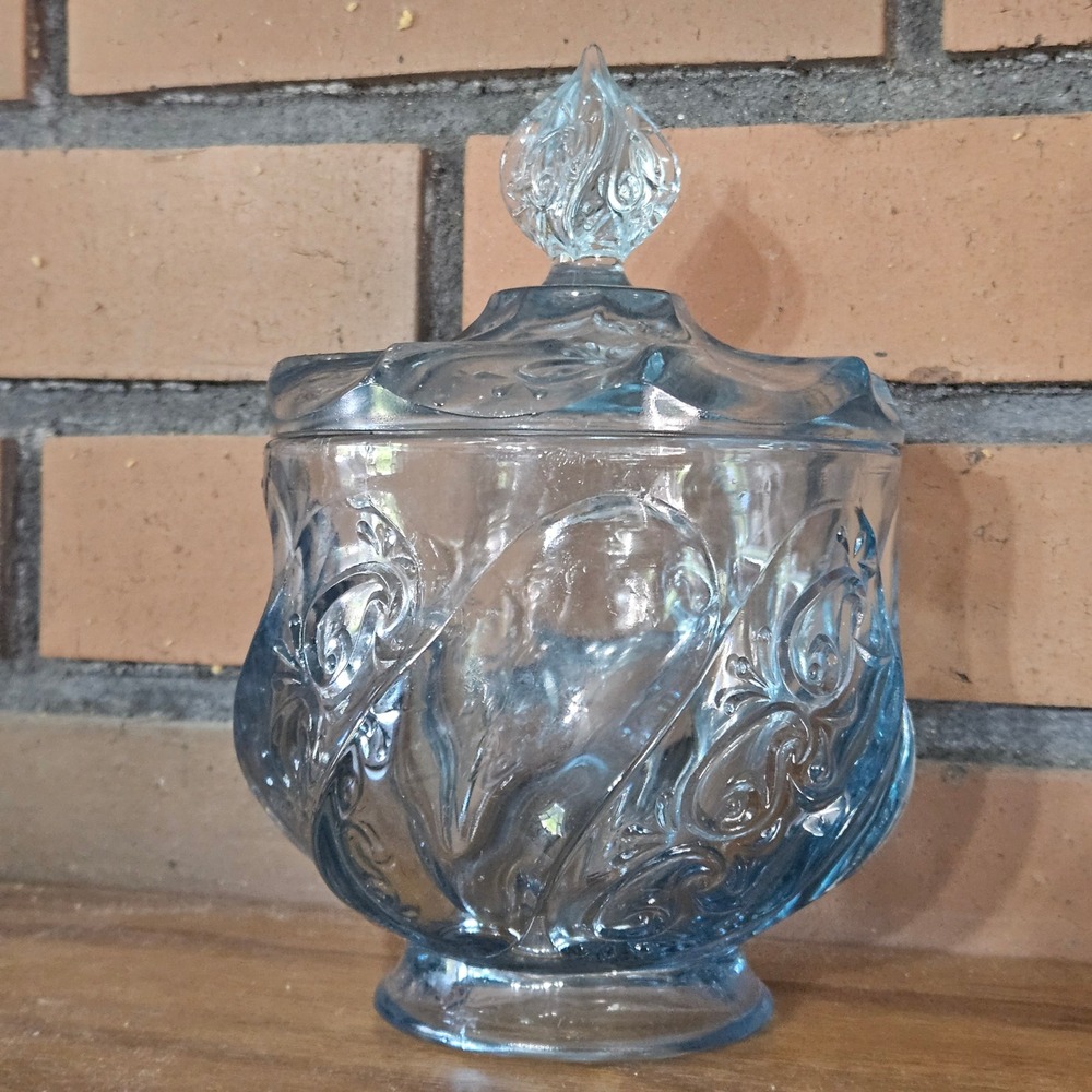 Fenton Blue Paisley Swirl Covered Candy Dish 6.5" Tall